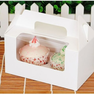 【嚴選SHOP】2格 4色無印開窗手提盒 馬芬盒 杯子蛋糕盒 慕斯奶酪月餅盒 包裝盒 禮盒 蛋塔盒【C048】