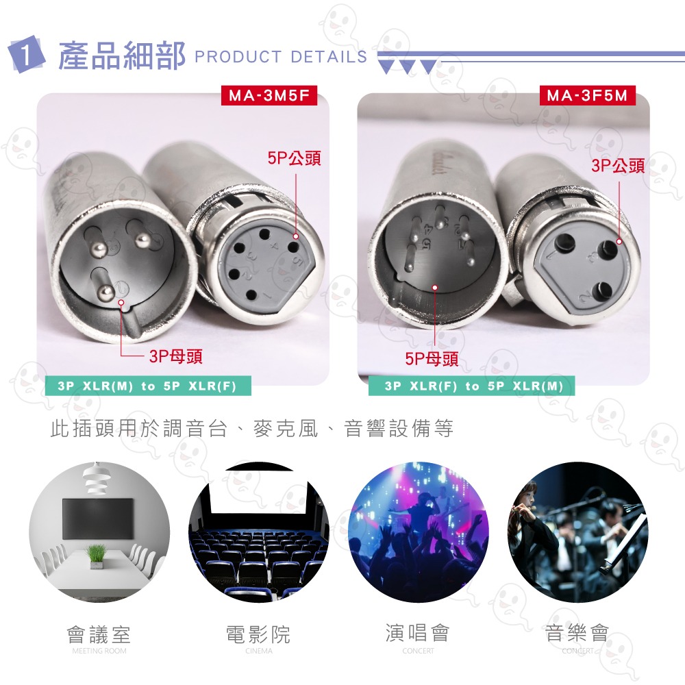 【魔音傳腦】MA-3M5F MA-3F5M 轉接頭 XLR 公頭 母頭 3PIN 5PIN 插頭 鍍銀 全金屬-細節圖3
