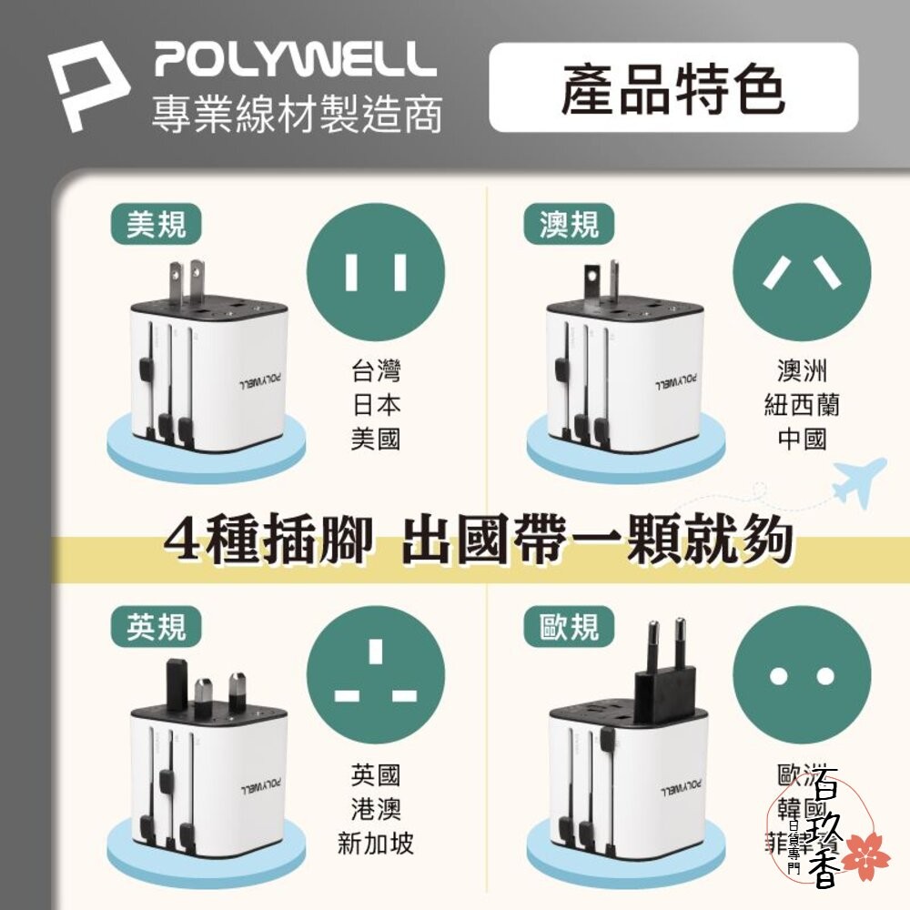 POLYWELL 多國 旅行 充電器 轉接頭 轉接插座 二合一 Type-C USB-A BSMI 寶利威爾-細節圖4