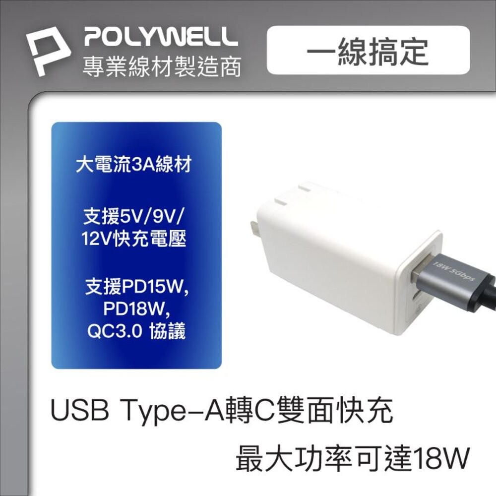 POLYWELL USB3.1 5Gbps Type-C對A 3A 0.5~3米 充電傳輸線 18W 寶利威爾-細節圖2