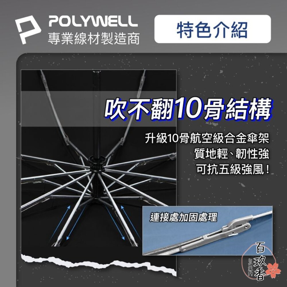 POLYWELL 自動反向 折疊傘 雨傘 大傘面 防水傘布 一鍵開收 夜間安全反光環 寶利威爾-細節圖4