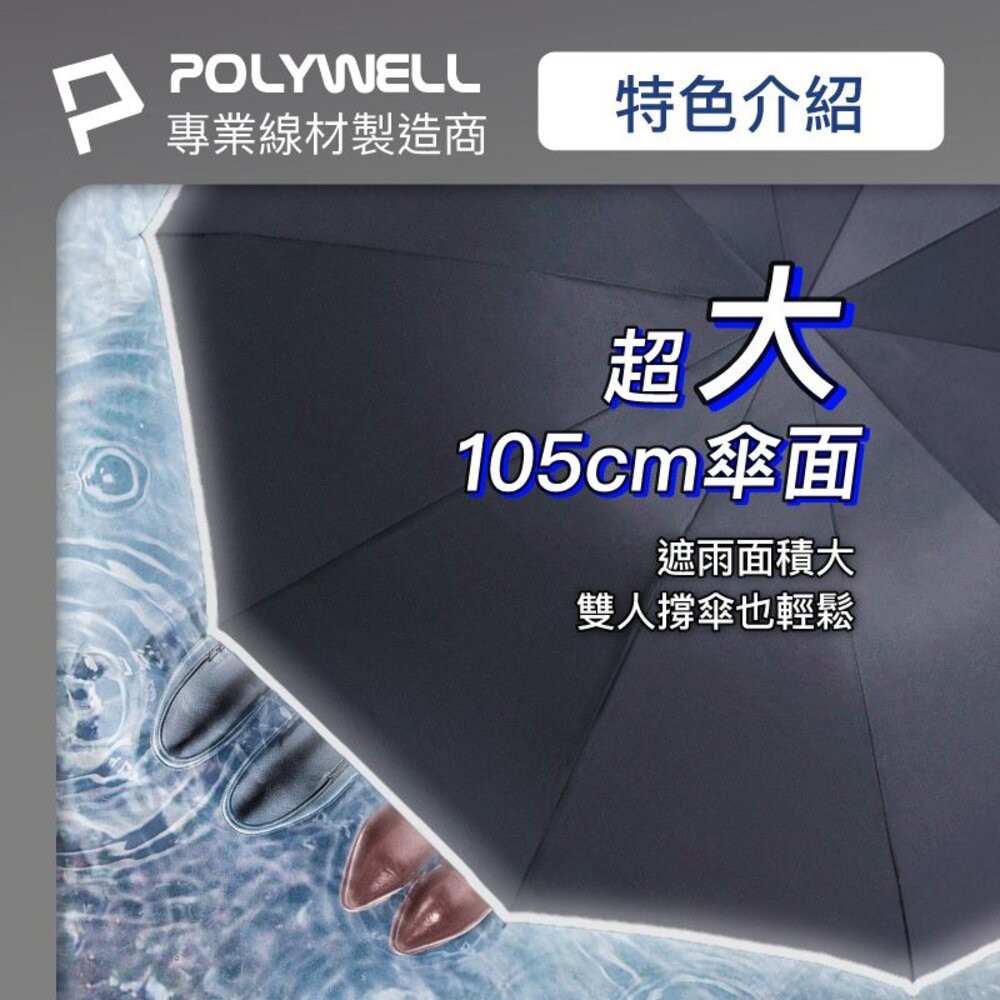 ζั͡✿百玖香✿POLYWELL 自動反向 折疊傘 大傘面 防水傘布 一鍵開收 夜間安全反光環 寶利威爾-細節圖3