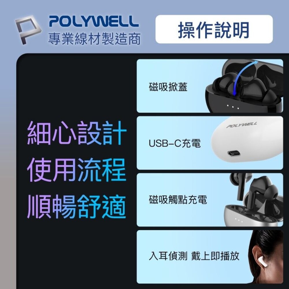 ζั͡✿百玖香✿POLYWELL 無線藍牙主動式降噪耳機 高質感音效 觸控式 USB-C充電倉設計 寶利威爾-細節圖9