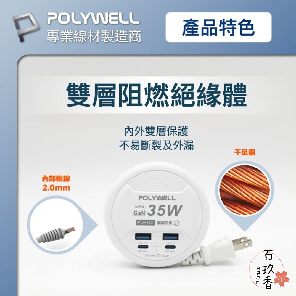 POLYWELL 65W 35W 收納式 電源線 快充頭 延長線 4孔 寶利威爾 USB Type-C BSMI-細節圖8