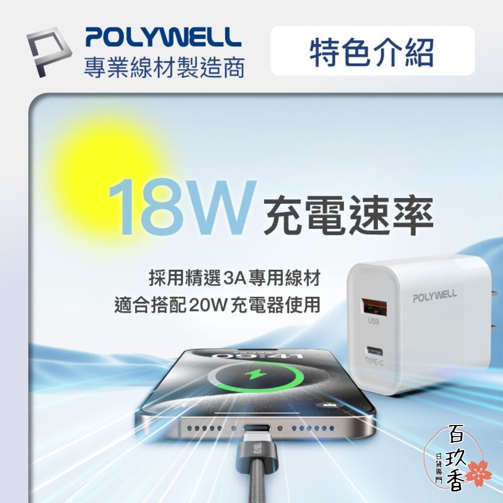 POLYWELL Type-A To Type-C PD 編織 快充線 3A 充電線 適用安卓 iPhone15 寶利威-細節圖3
