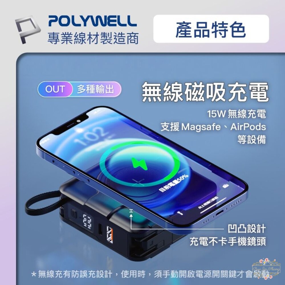 ζั͡✿百玖香✿POLYWELL 多合一磁吸自帶線快充行動電源 Type-C 蘋果頭 可壁插充電 寶利威爾-細節圖5