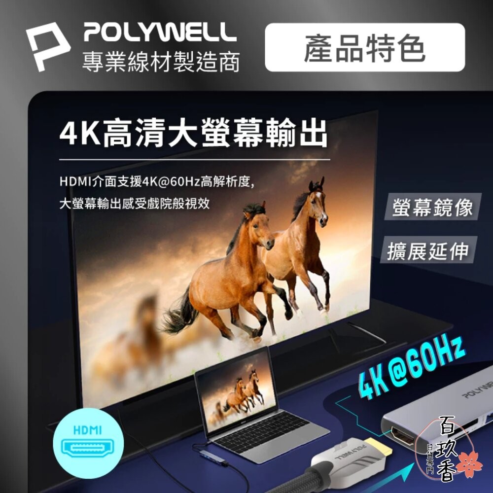 POLYWELL Type-C 七合一 集線器 讀卡機 HUB 100W PD快充 5G HDMI SD TF 寶利威爾-細節圖3
