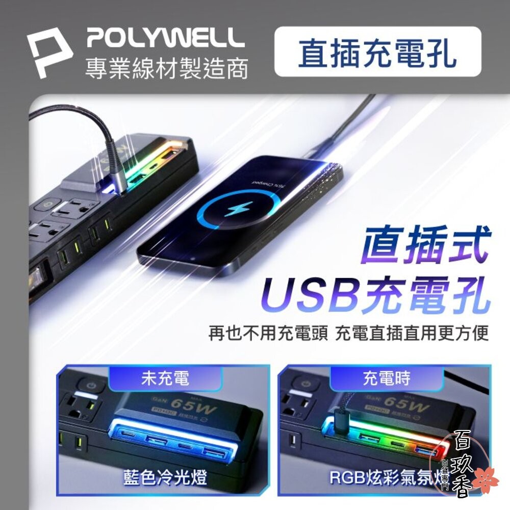 POLYWELL 65W USB 閃充 電源延長線 3切4座 延長線 電源 GaN Type-C 寶利威爾-細節圖3