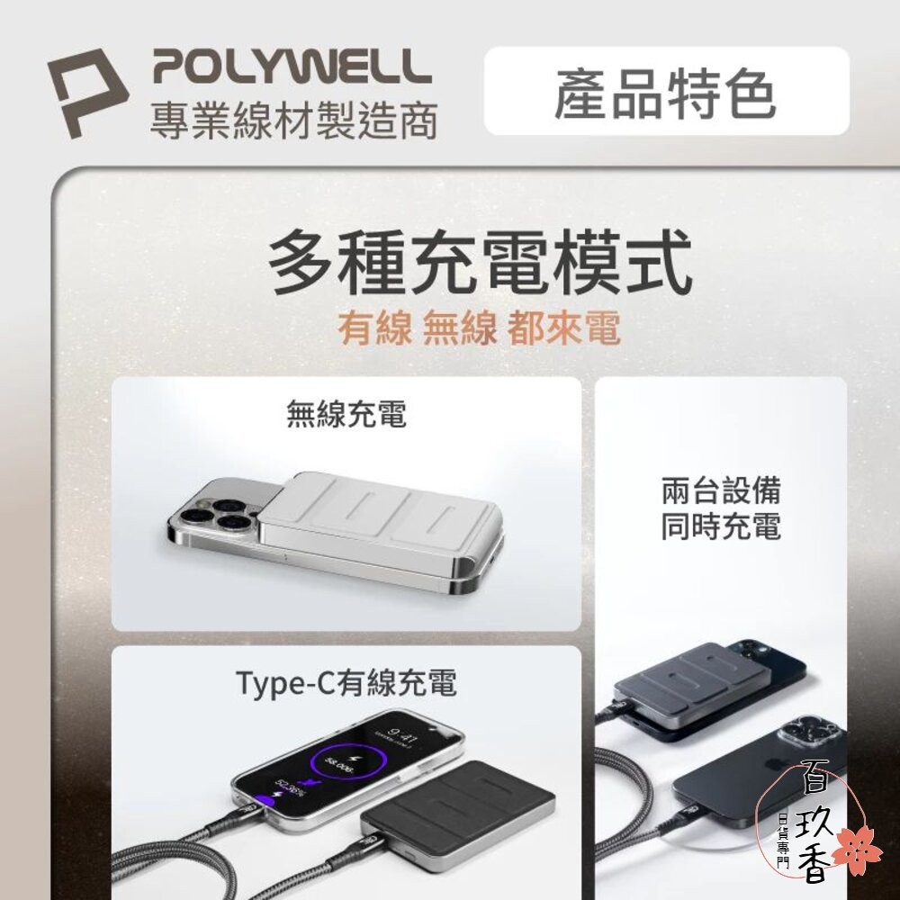 POLYWELL 磁吸式行動電源 5000mAh 自帶折疊支架 無線充+Type-C充電 迷你行充 寶利威爾-細節圖4