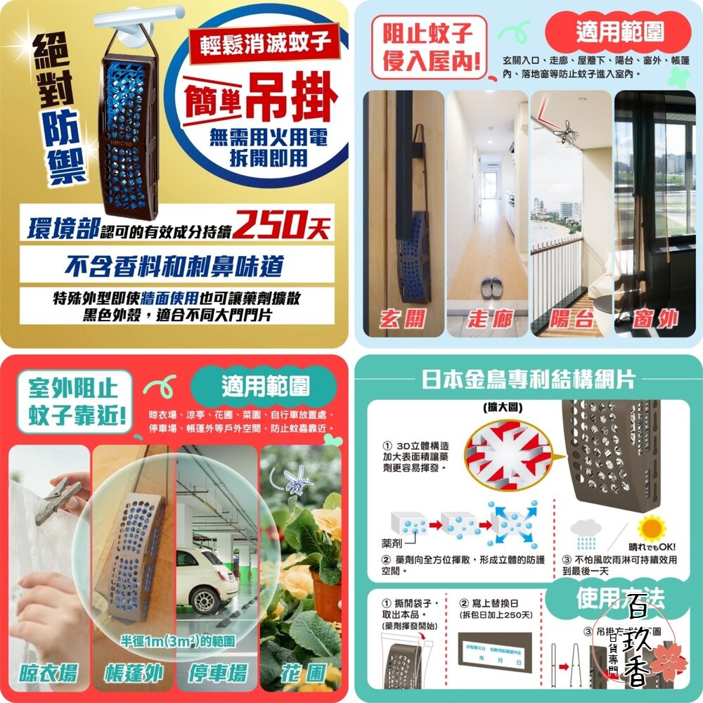 日本原裝 金鳥 KINCHO 玄關 防蚊掛片 防蚊噴霧 小黑蚊 蒼蠅 蚊子 金雞 防蚊蠅 150日 250日-細節圖3