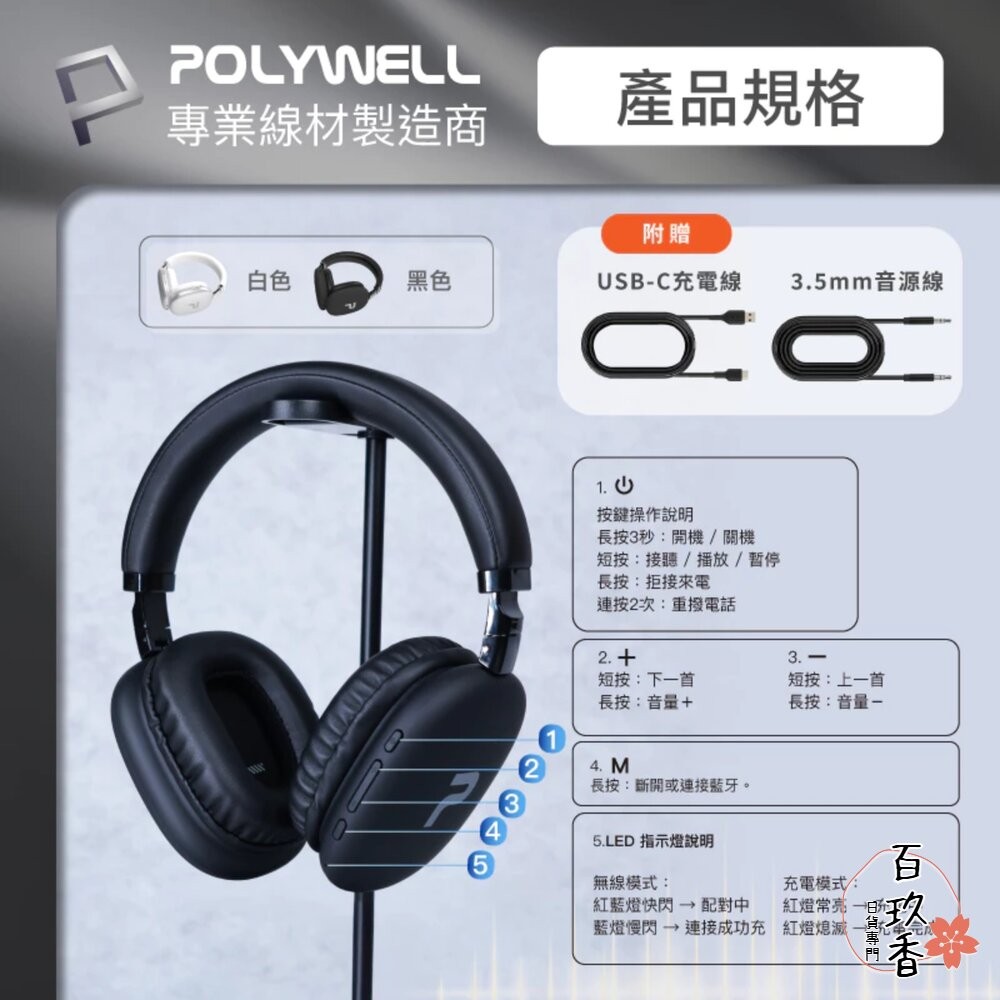 POLYWELL 頭戴式 無線 藍牙耳機 超長續航 耳罩耳機 內建麥克風 Type-C充電 可折疊 TM-087 高音質-細節圖8