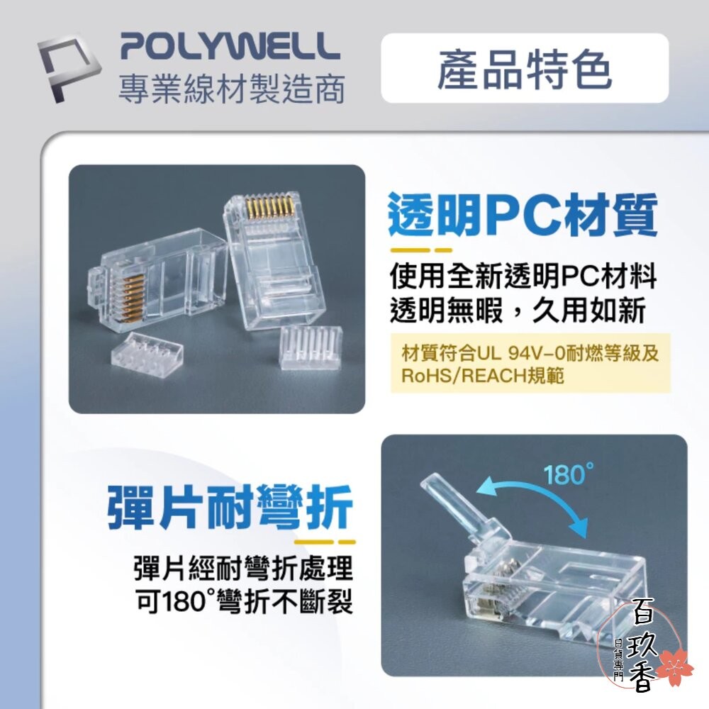 POLYWELL 大包裝100入 CAT6 組裝式 網路線 水晶頭 26-23AWG 六類線徑 厚金端子 福祿克-細節圖3