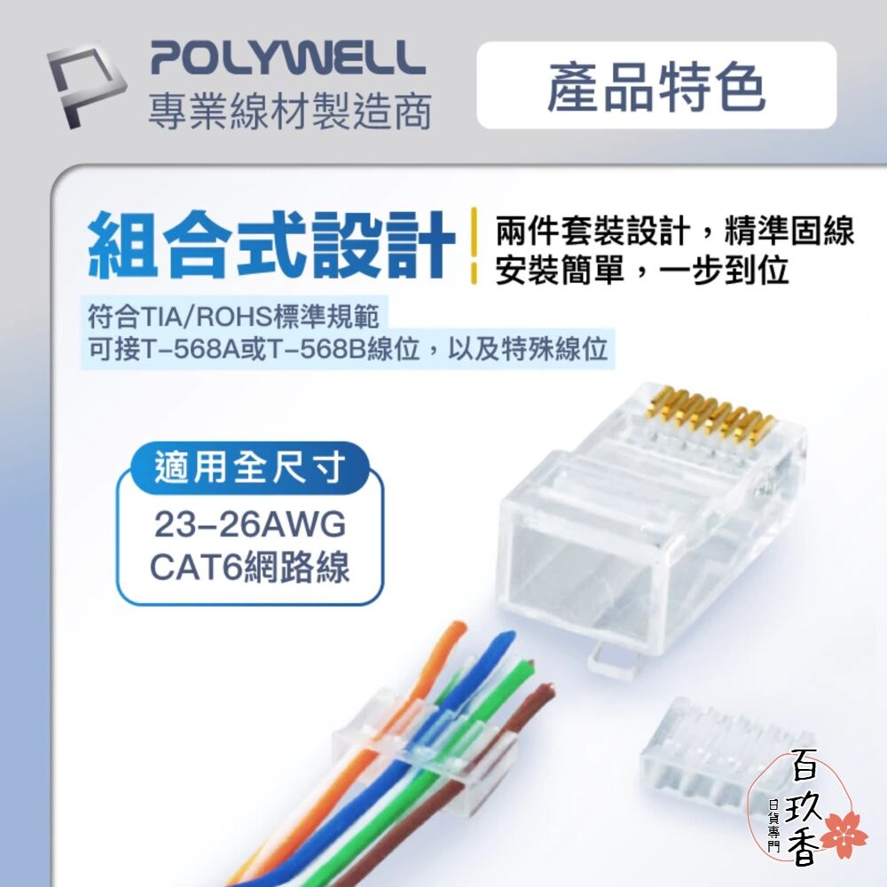 POLYWELL 大包裝100入 CAT6 組裝式 網路線 水晶頭 26-23AWG 六類線徑 厚金端子 福祿克-細節圖5