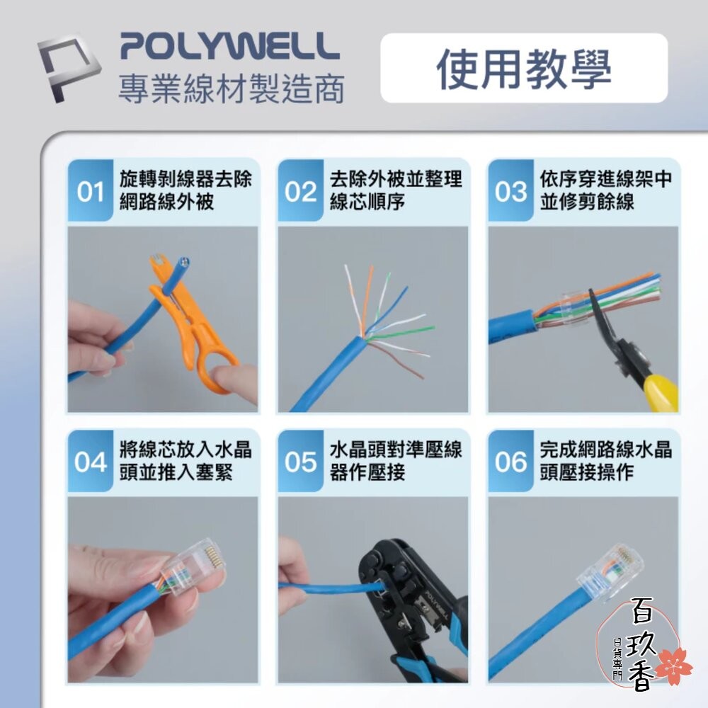 POLYWELL 大包裝100入 CAT6 組裝式 網路線 水晶頭 26-23AWG 六類線徑 厚金端子 福祿克-細節圖8