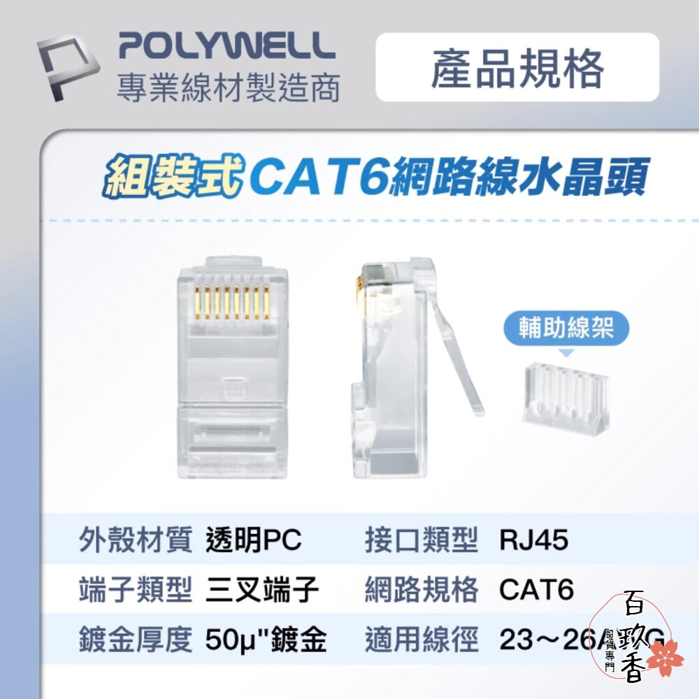 POLYWELL 大包裝100入 CAT6 組裝式 網路線 水晶頭 26-23AWG 六類線徑 厚金端子 福祿克-細節圖9