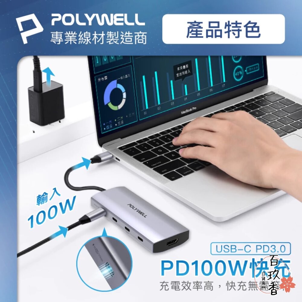 POLYWELL Type-C 九合一 多功能 集線器 讀卡機 HUB 100W PD快充 HDMI SD-細節圖4