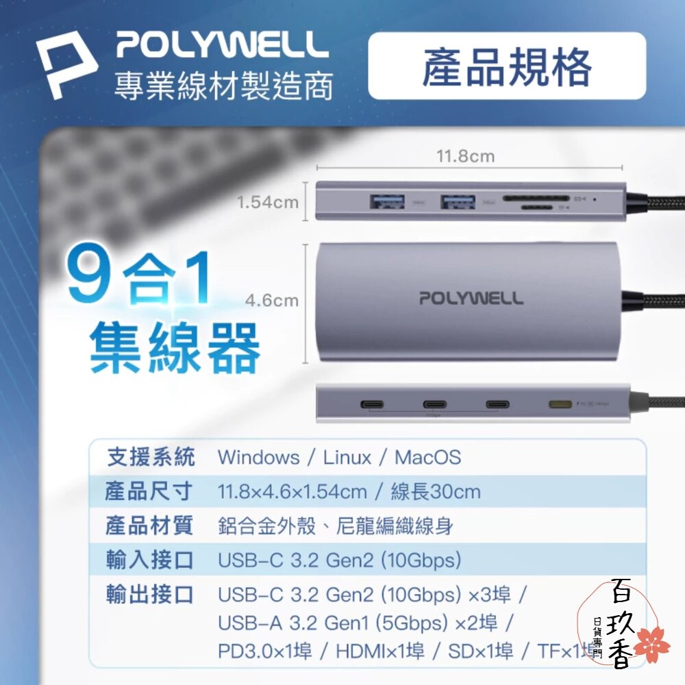 POLYWELL Type-C 九合一 多功能 集線器 讀卡機 HUB 100W PD快充 HDMI SD-細節圖9