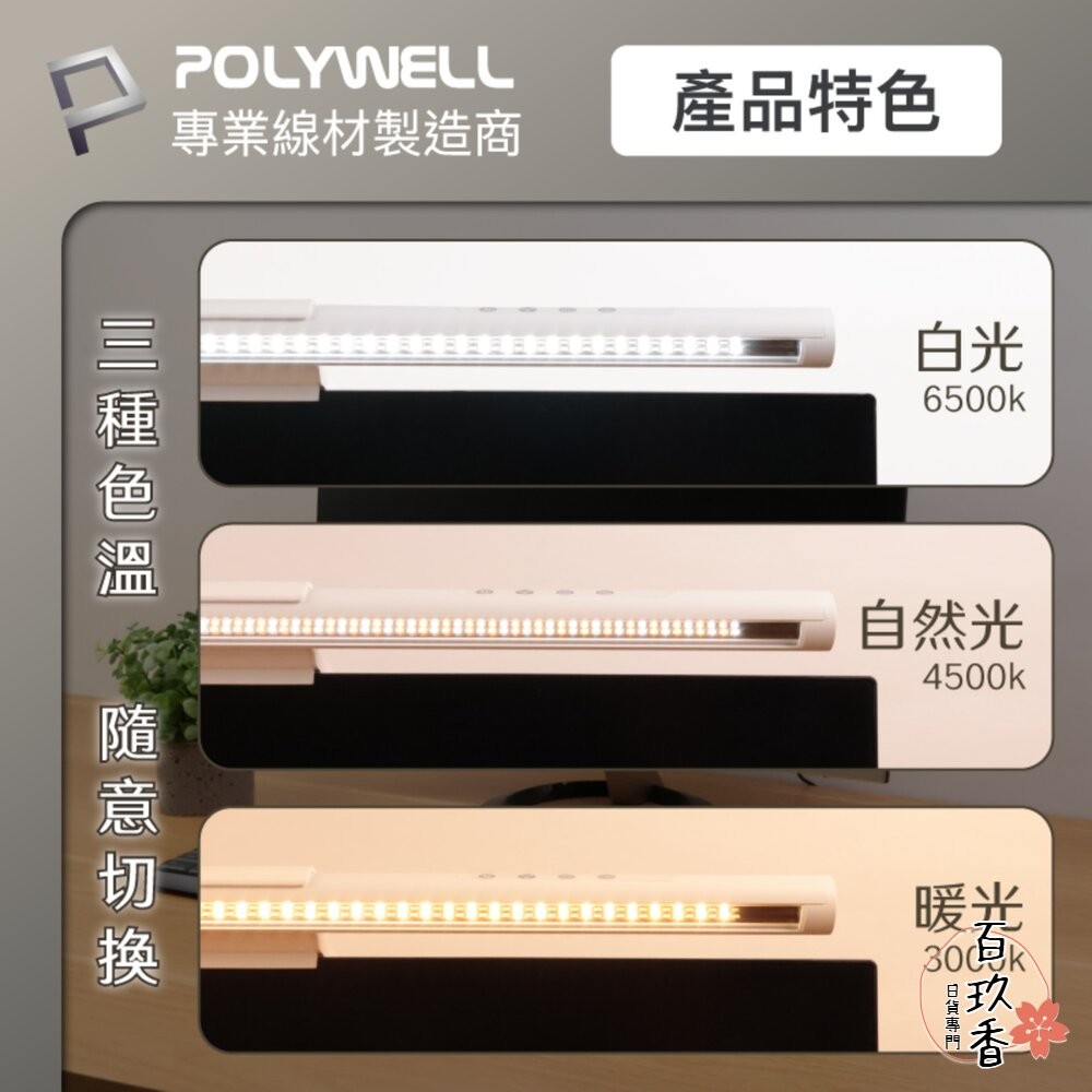POLYWELL LED 電腦螢幕 掛燈 補光燈 螢幕掛燈 USB-C供電 懸掛式支架 色溫可調 亮度可調-細節圖4