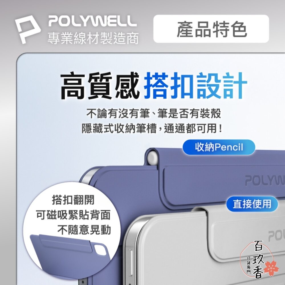 POLYWELL 磁吸 快拆式 iPad 保護殼 磁吸搭扣 隱形筆槽 Y字 三折 無邊框 分離式 雙面夾-細節圖5