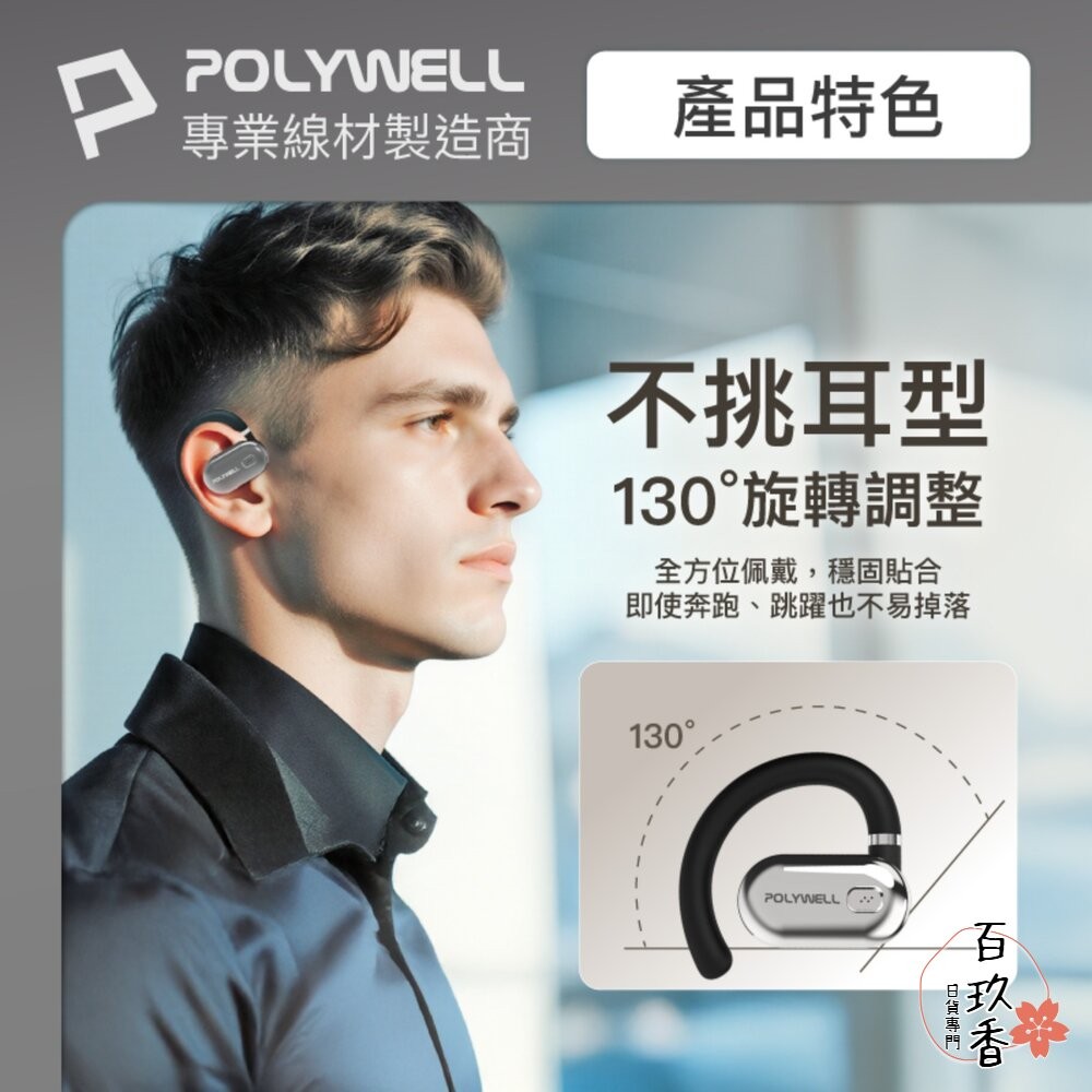 POLYWELL OWS 開放式 耳掛式 藍芽 無線耳機 不入耳 USB-C充電 觸控式操作 大音量 配戴舒適-細節圖5