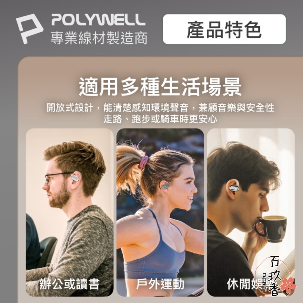 POLYWELL OWS 開放式 耳掛式 藍芽 無線耳機 不入耳 USB-C充電 觸控式操作 大音量 配戴舒適-細節圖6