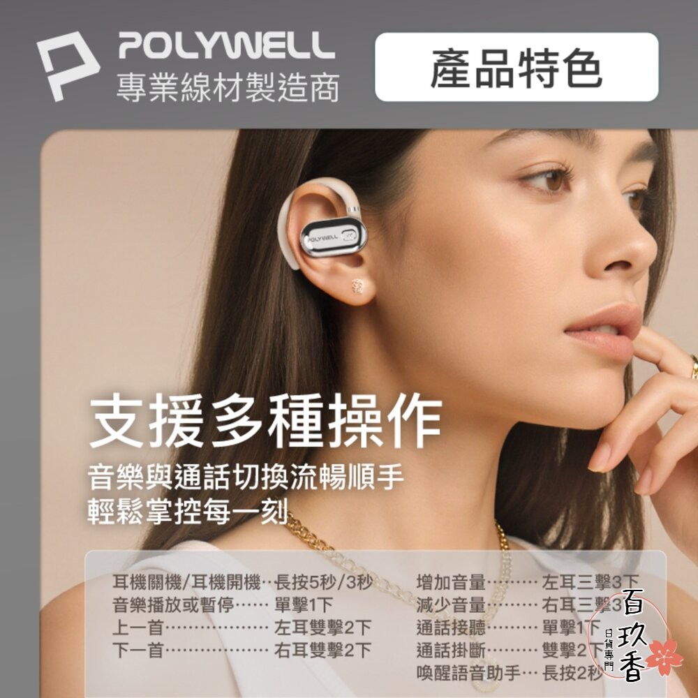 POLYWELL OWS 開放式 耳掛式 藍芽 無線耳機 不入耳 USB-C充電 觸控式操作 大音量 配戴舒適-細節圖7