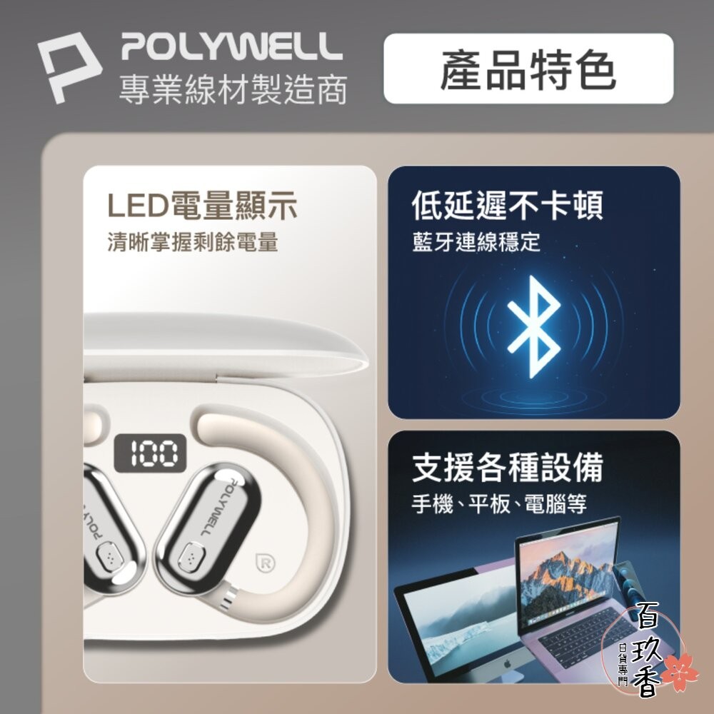 POLYWELL OWS 開放式 耳掛式 藍芽 無線耳機 不入耳 USB-C充電 觸控式操作 大音量 配戴舒適-細節圖9