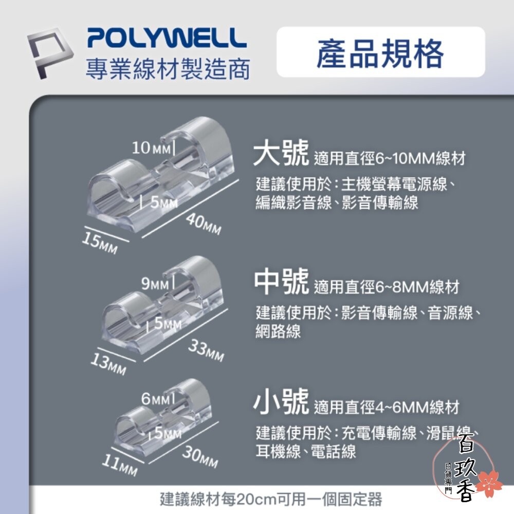 POLYWELL 黏貼式 理線器 S型 扣入式 電線固定 20入 三種尺寸 適用不同粗細充電線 傳輸線-細節圖9