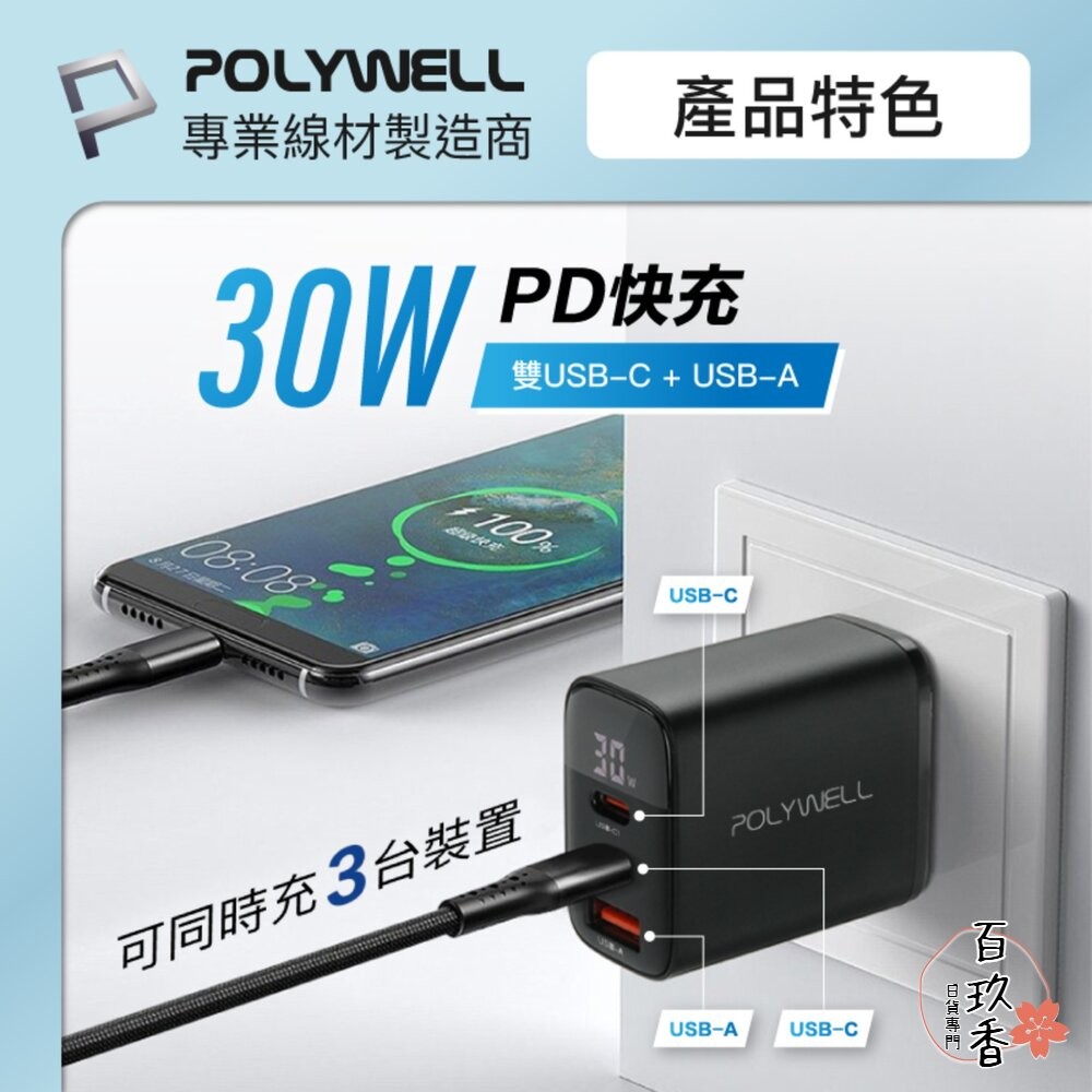 POLYWELL 三孔 PD 數顯 快充頭 30W 充電頭 充電器 豆腐頭 適用蘋果 iPhone 寶利威爾-細節圖3