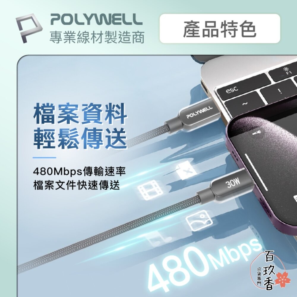 POLYWELL Type-C Lightning 水晶 編織 快充線 充電線 寶利威爾 30W 適用蘋果 iphone-細節圖5