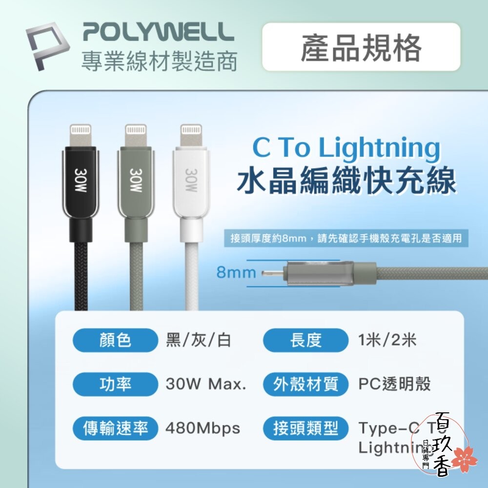 POLYWELL Type-C Lightning 水晶 編織 快充線 充電線 寶利威爾 30W 適用蘋果 iphone-細節圖9