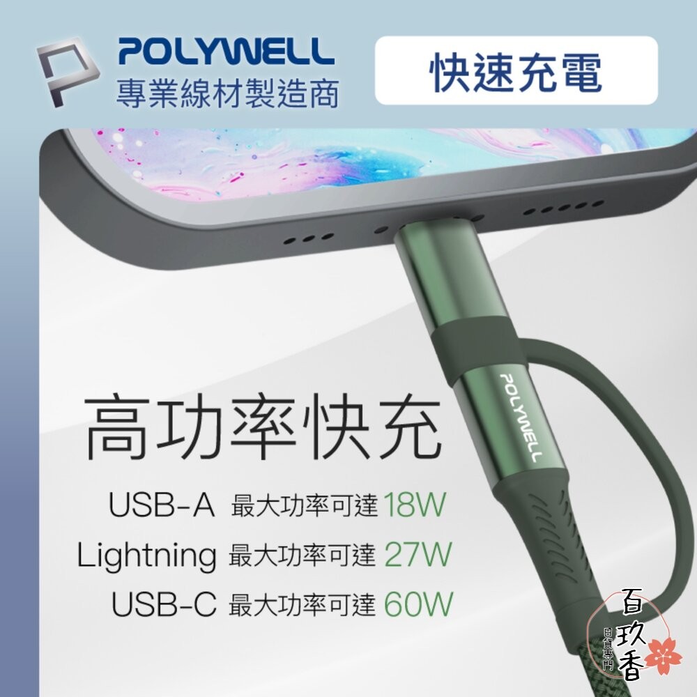 POLYWELL 四合一 PD編織 快充線 充電線 USB-A+USB-C+Lightning 寶利威爾-細節圖5