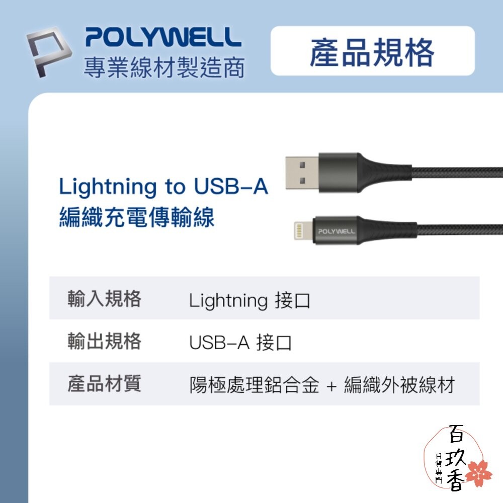 POLYWELL USB-A Lightning 編織 快充線 充電線 寶利威爾 20W 適用蘋果 iphone-細節圖7