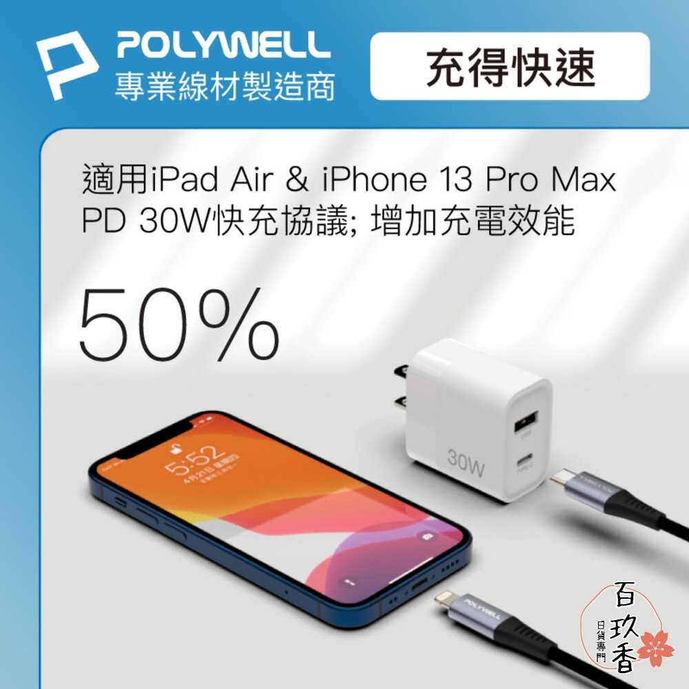 POLYWELL 雙孔 PD 快充頭 30W Type-C 充電頭 充電器 豆腐頭 適用蘋果 iPhone 寶利威爾-細節圖2