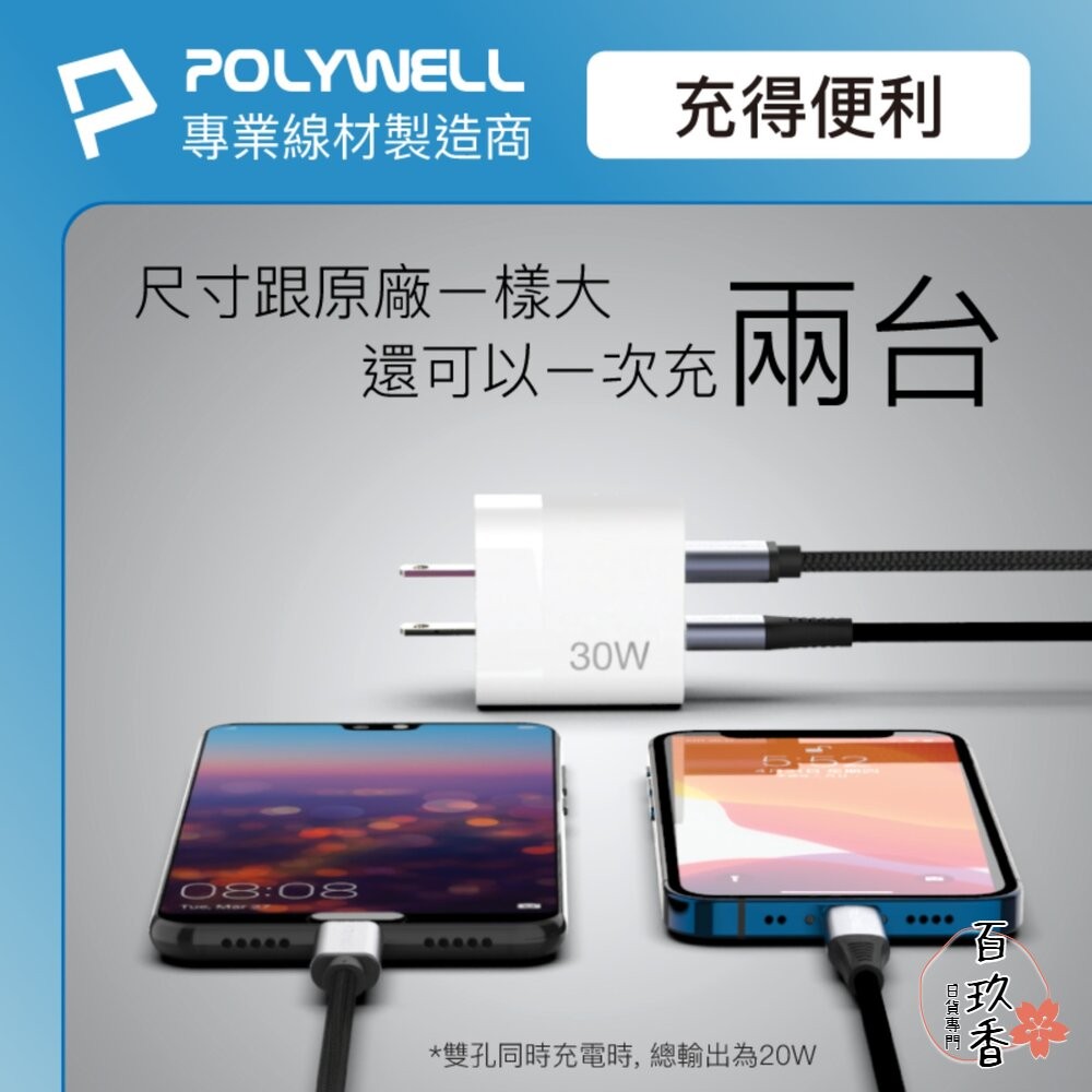 POLYWELL 雙孔 PD 快充頭 30W Type-C 充電頭 充電器 豆腐頭 適用蘋果 iPhone 寶利威爾-細節圖3
