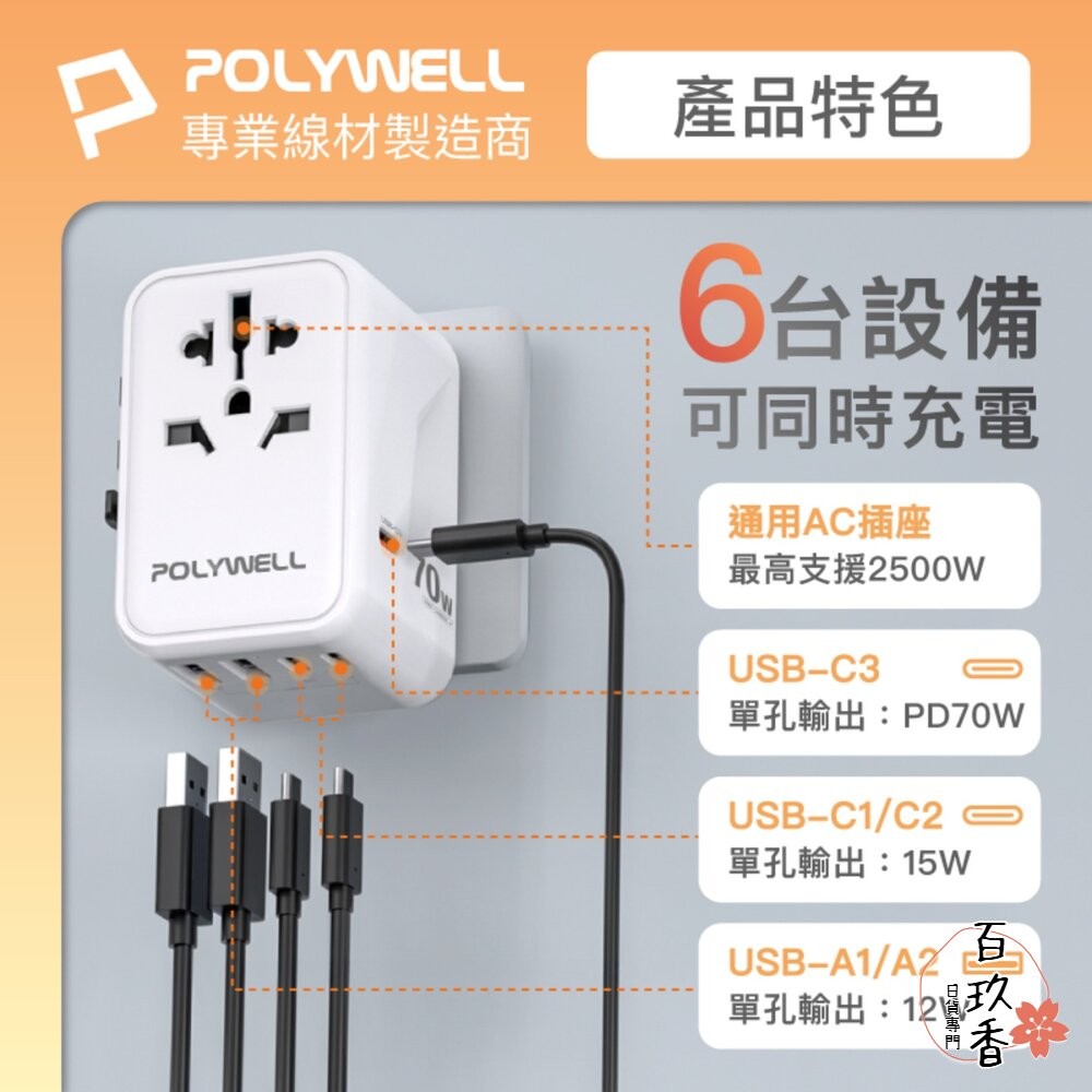 POLYWELL 萬國 多國旅行充電器 70W 轉接頭 轉接插座 多合一 Type-C USB-A BSMI 寶利威爾-細節圖4