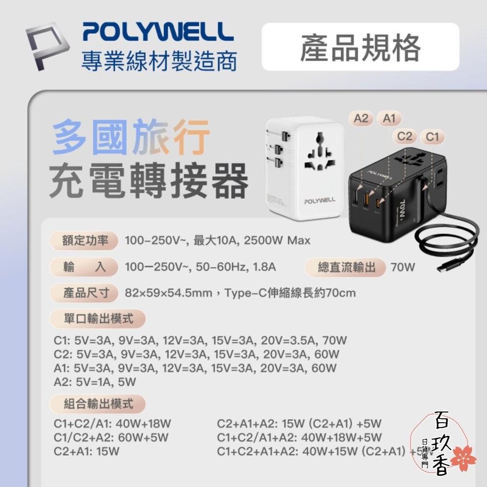 POLYWELL 多國 萬國 旅行 充電 轉接頭 70W 自帶線 Type-C USB 寶利威爾-細節圖10