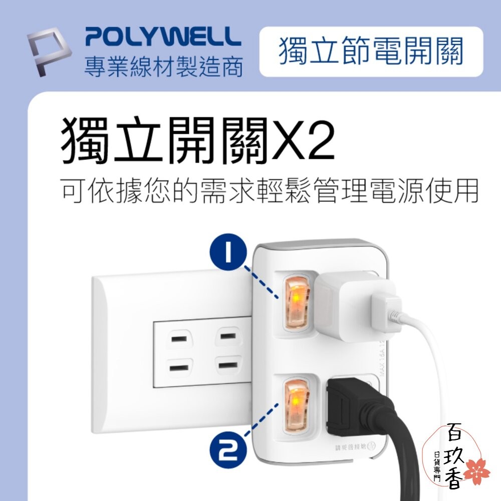 POLYWELL 節能小壁插 3P轉2P 省空間 2切2座 獨立開關 台灣製造MIT 寶利威爾-細節圖4