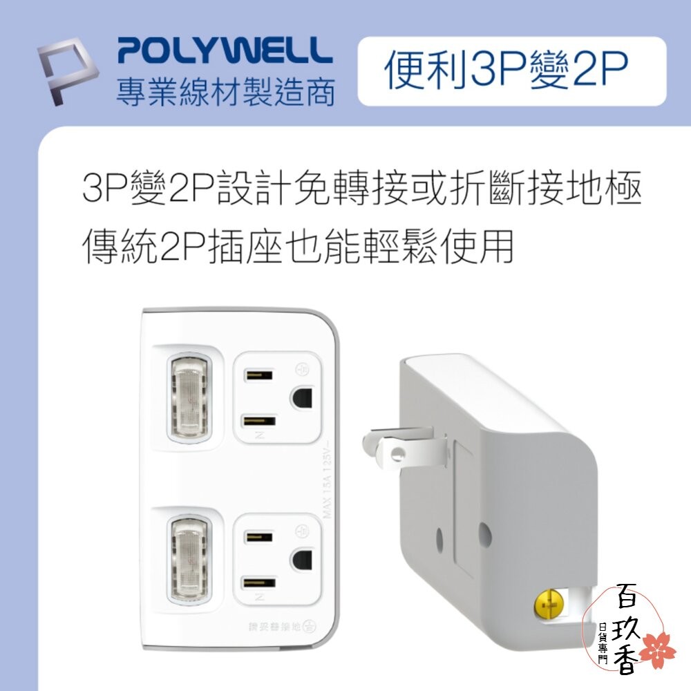 POLYWELL 節能小壁插 3P轉2P 省空間 2切2座 獨立開關 台灣製造MIT 寶利威爾-細節圖6