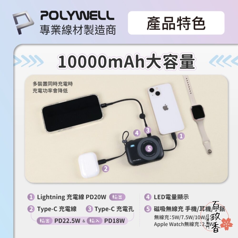 POLYWELL 迷你 磁吸 行動電源 10000mAh Type-C 自帶線 無線充 手機 手錶 耳機 寶利威爾-細節圖3