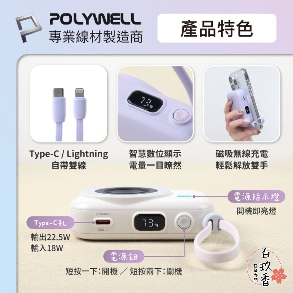 POLYWELL 迷你 磁吸 行動電源 10000mAh Type-C 自帶線 無線充 手機 手錶 耳機 寶利威爾-細節圖4