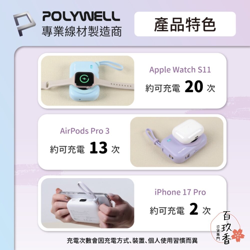 POLYWELL 迷你 磁吸 行動電源 10000mAh Type-C 自帶線 無線充 手機 手錶 耳機 寶利威爾-細節圖6