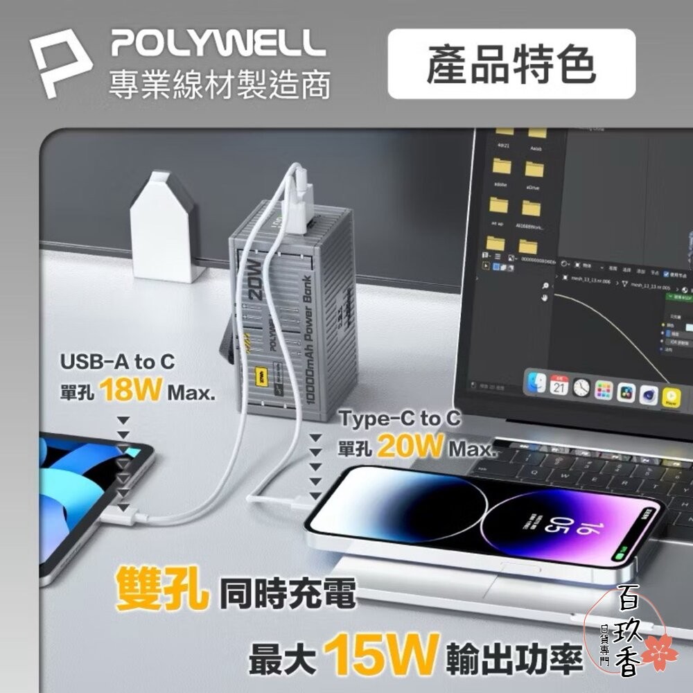 POLYWELL 20W 貨櫃屋 行動電源 20000mAh 1A1C雙孔充電 LED照明燈 編織掛繩 寶利威爾-細節圖4
