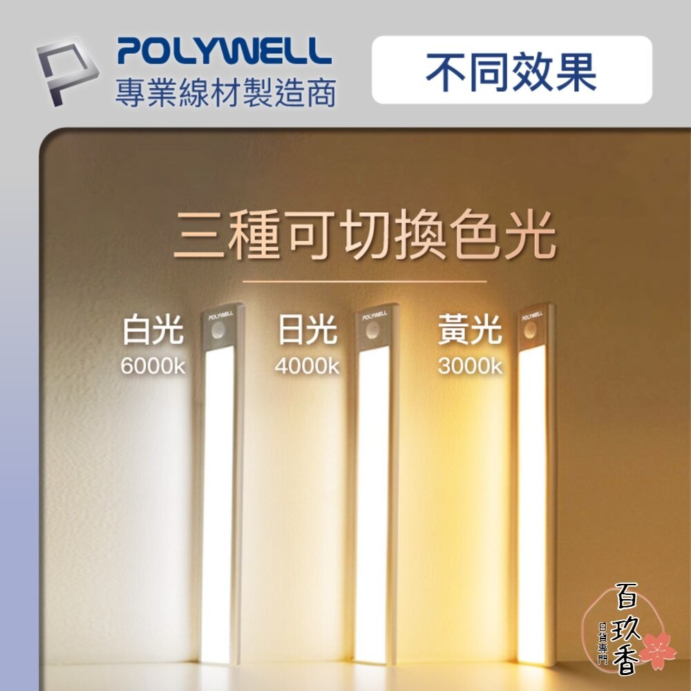 POLYWELL 磁吸式 LED感應燈 超薄型設計 USB-C充電 人體感應 3種色溫 光線柔和 寶利威爾-細節圖4