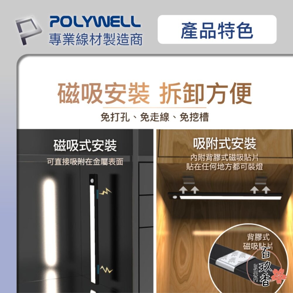 POLYWELL 磁吸式 LED感應燈 超薄型設計 USB-C充電 人體感應 3種色溫 光線柔和 寶利威爾-細節圖6