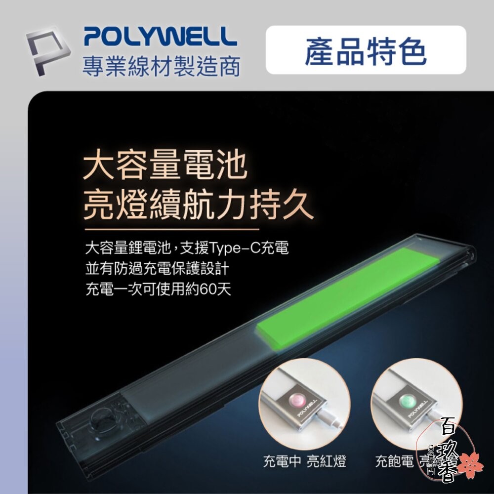 POLYWELL 磁吸式 LED感應燈 超薄型設計 USB-C充電 人體感應 3種色溫 光線柔和 寶利威爾-細節圖9