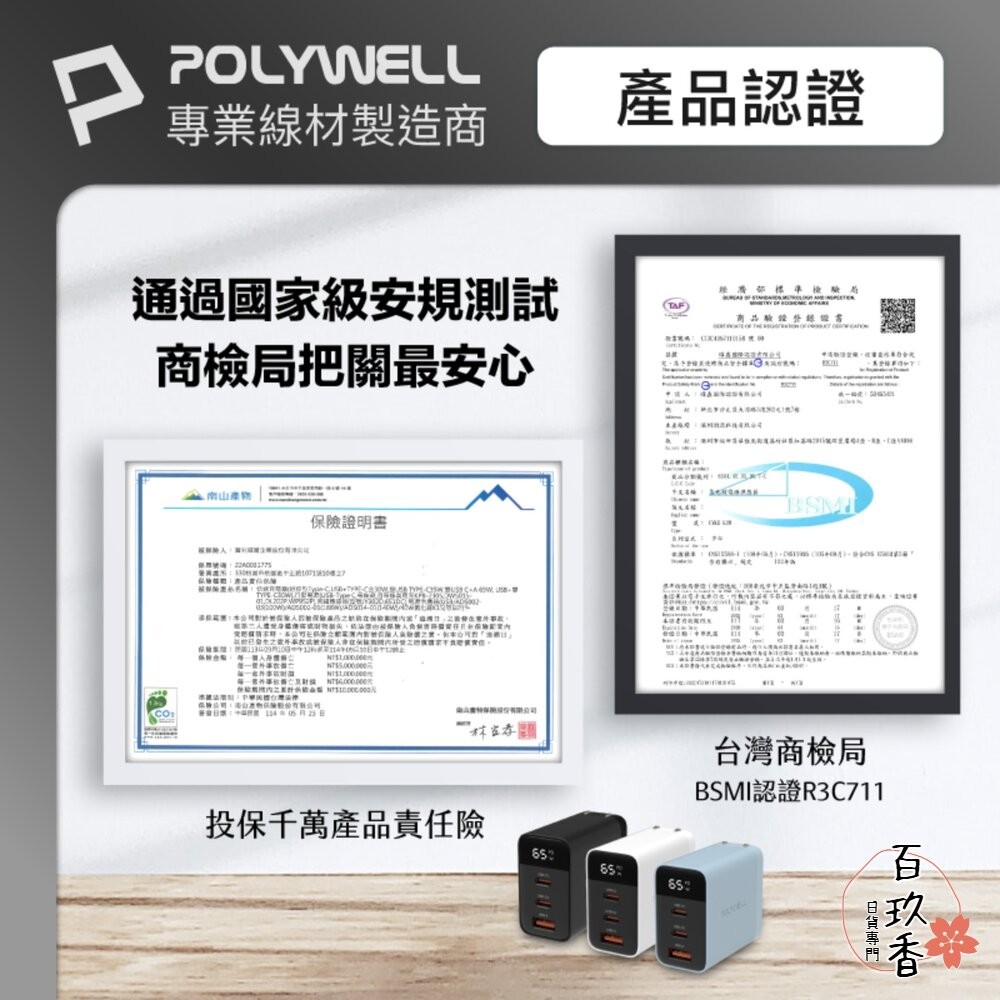 POLYWELL 65W 數顯 三孔 PD 快充頭 雙USB-C+USB GaN氮化鎵 寶利威爾-細節圖9