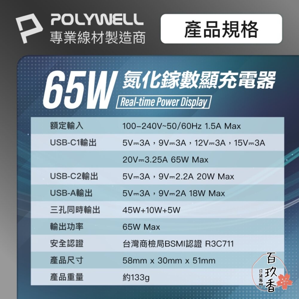 POLYWELL 65W 數顯 三孔 PD 快充頭 雙USB-C+USB GaN氮化鎵 寶利威爾-細節圖10
