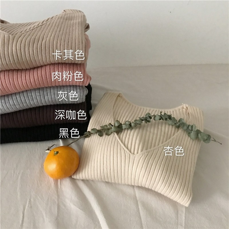 發票+台灣現貨天天寄【粉紅菲菲】毛衣女秋冬V領修身套頭心機上衣內搭坑條緊身長袖針織打底衫（MY1081）19-0005-細節圖5