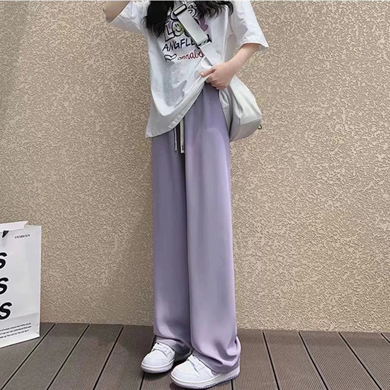 發票+台灣現貨天天寄【粉紅菲菲】馬卡龍雪紡窄版西裝闊腿褲 顯瘦小個子冰絲拖地直筒休閒長褲女 19-0264-細節圖4